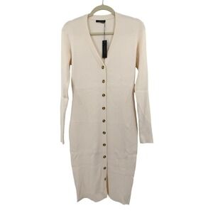 bobi BLACK Ivory Knit Ribbed Button Front Long Sleeve Body Con Midi Dress Size S
